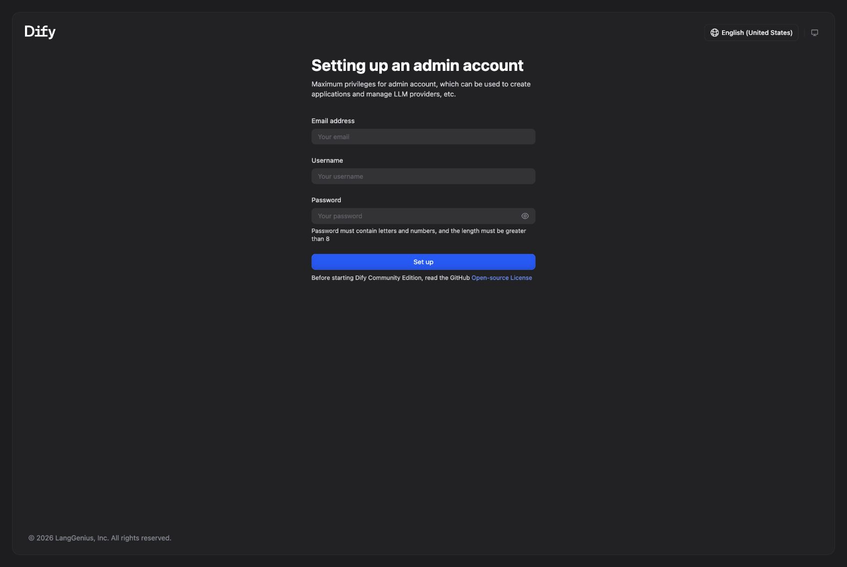 本地 Dify 的首次初始化页面。