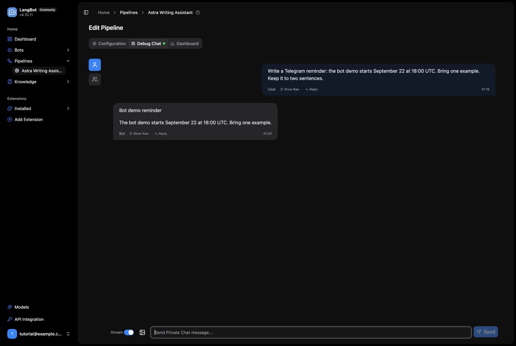 LangBot 调用 Dify 返回英文活动提醒。