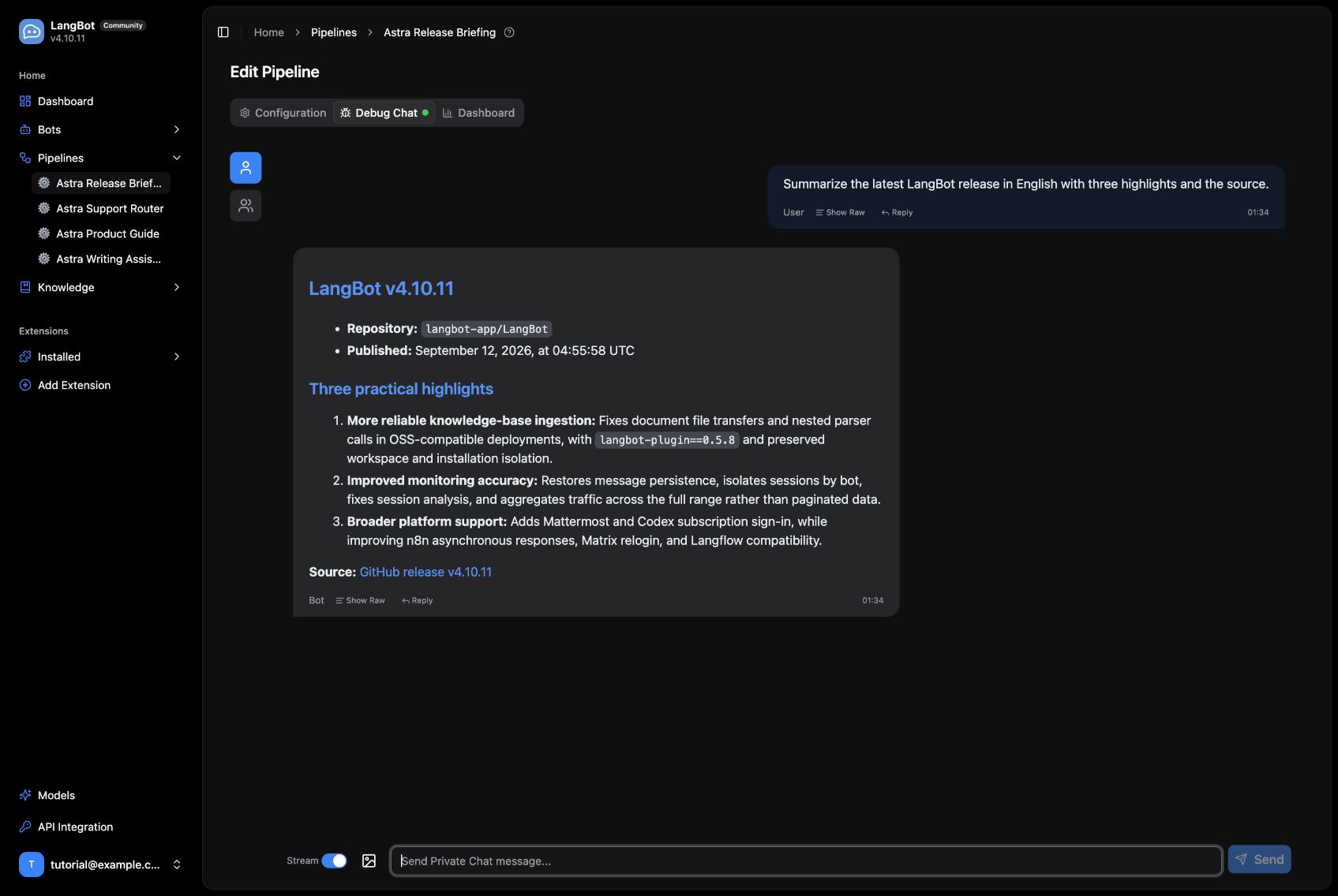 LangBot 收到工作流的英文 summary 输出。