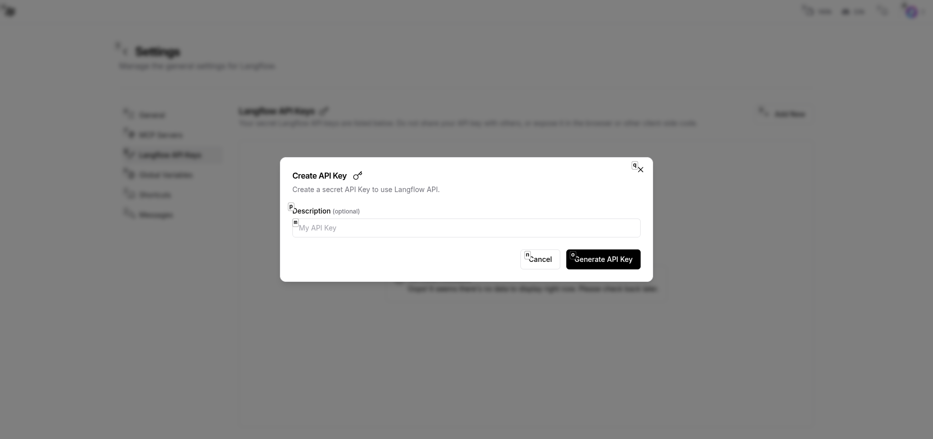 Langflow Create API Key Dialog